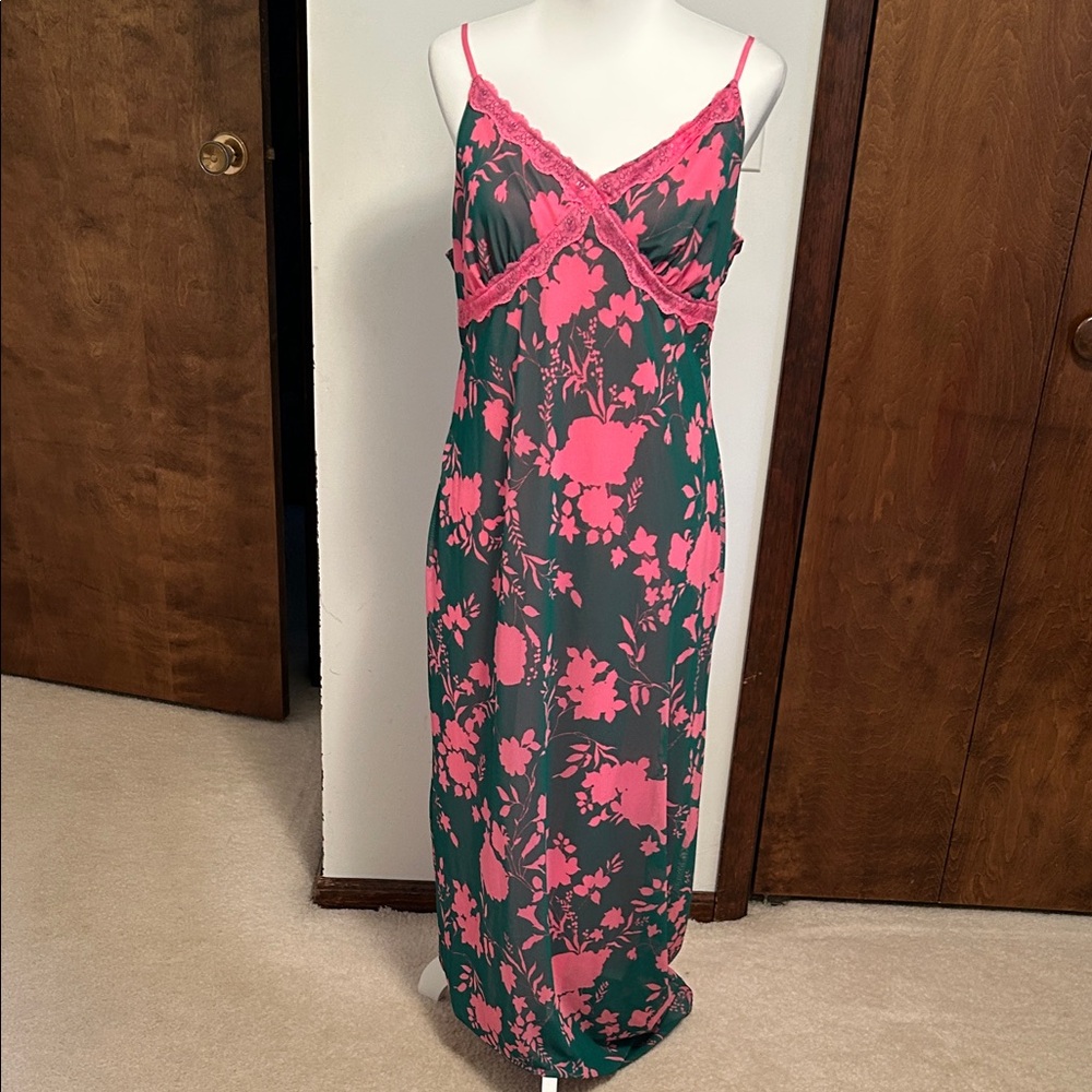 Fashion Nova Green Maxi Dress with Pink Floral Print